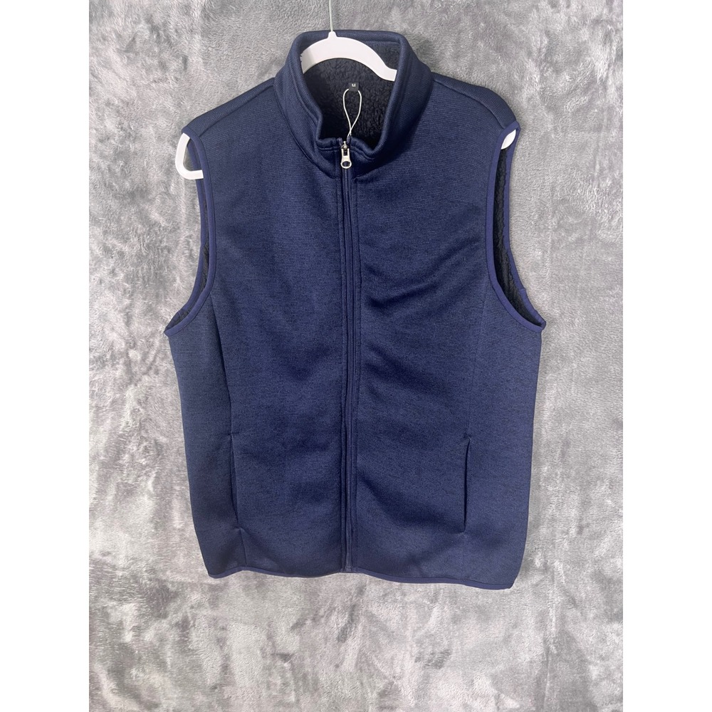 Navy Blue Knit Full Zip Vest Mens Medium Sherpa Lined Sleeveless XR21.606B